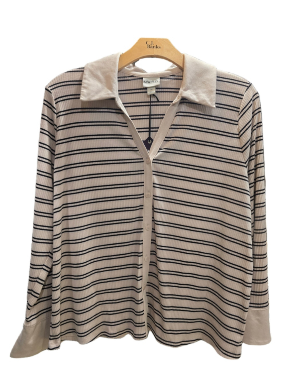 Women's Ava & Viv Striped Button Down Shirt Beige Black Size 3X